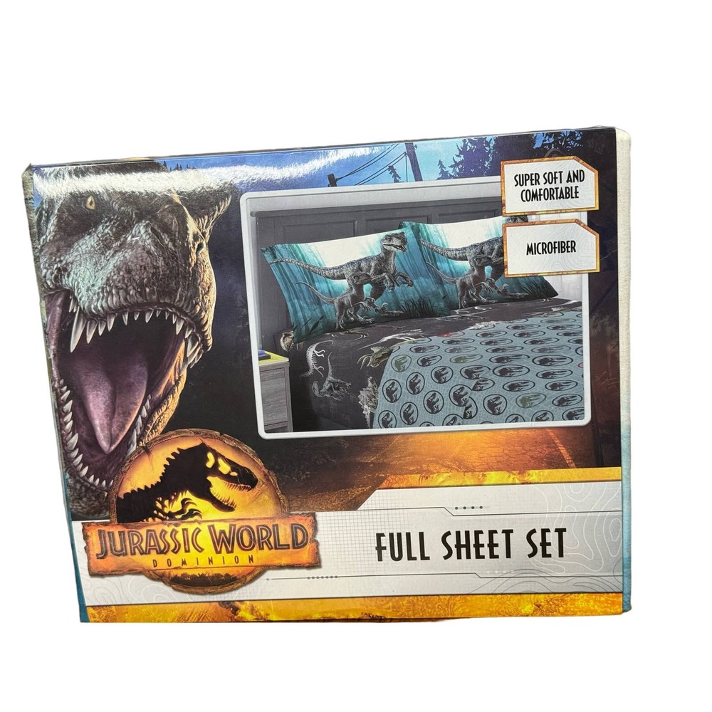 Jurassic World Dominion 4 Piece Microfiber Full Sheet Set Gray Blue New